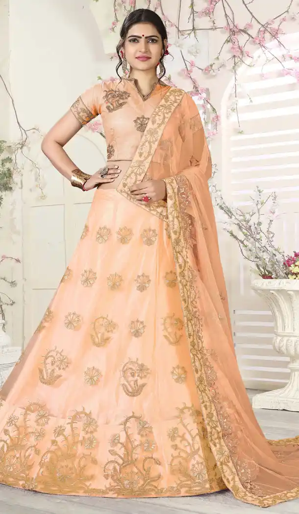 Light Orange Color Net Heavy Zari Embroidery Party Wear Lehenga Choli - 516063198