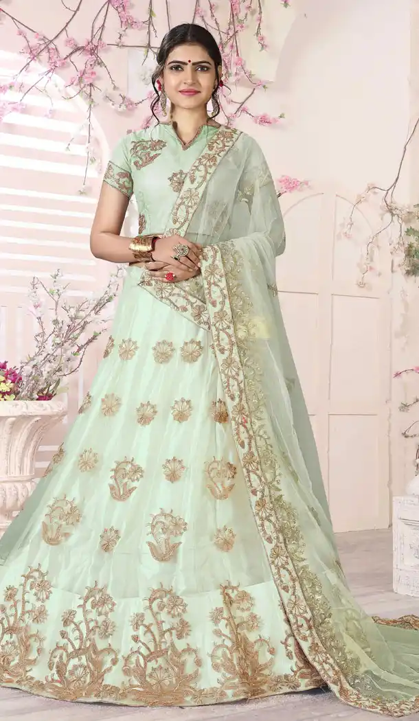 Pista Green Color Net Heavy Zari Embroidery Party Wear Lehenga Choli - 516063199