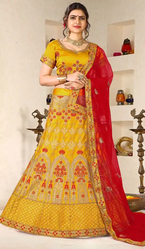 Yellow Color Satin Silk Heavy Zari Embroidery Traditional Wear Lehenga Choli - 516363208