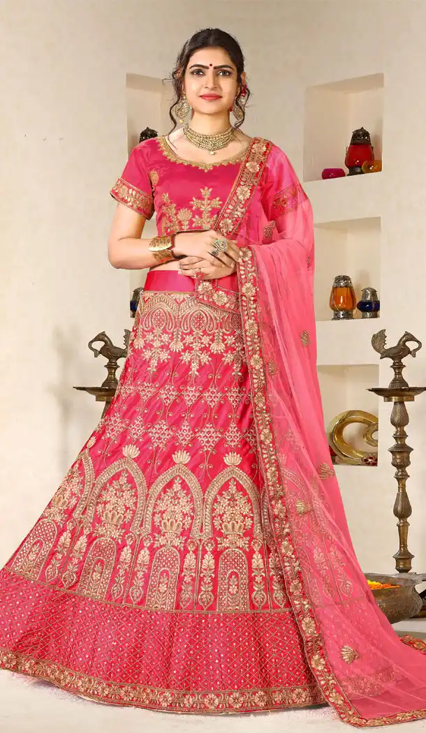 Sparkling Pink Color Satin Silk Heavy Zari Embroidery Traditional Wear Lehenga Choli - 516363209