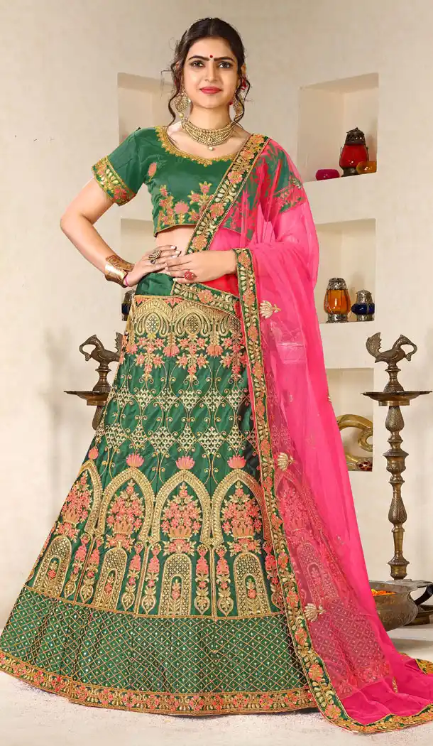 Green Color Satin Silk Heavy Zari Embroidery Traditional Wear Lehenga Choli - 516363210