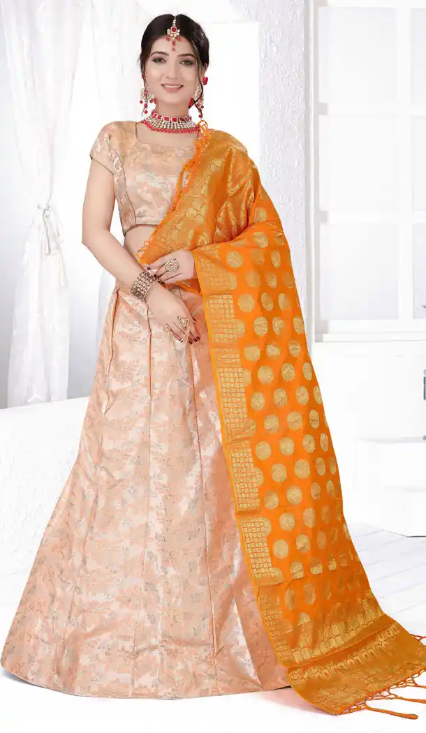 Alluring Peach Color Satin Silk Weaving Traditional Wear Lehenga Choli - 516463212