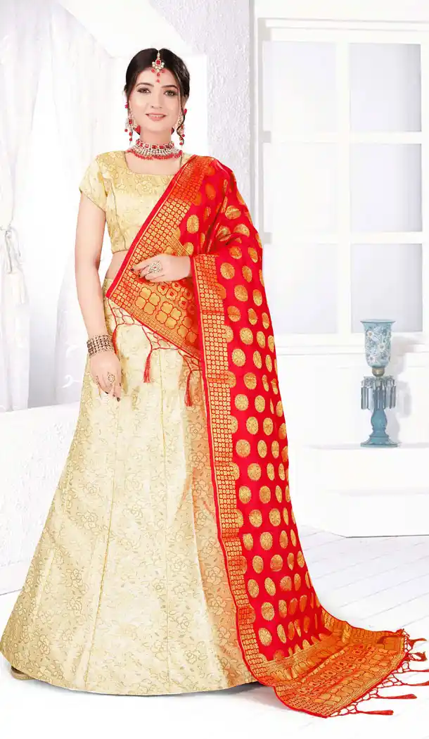 Cream Color Satin Silk Weaving Traditional Wear Lehenga Choli - 516463213