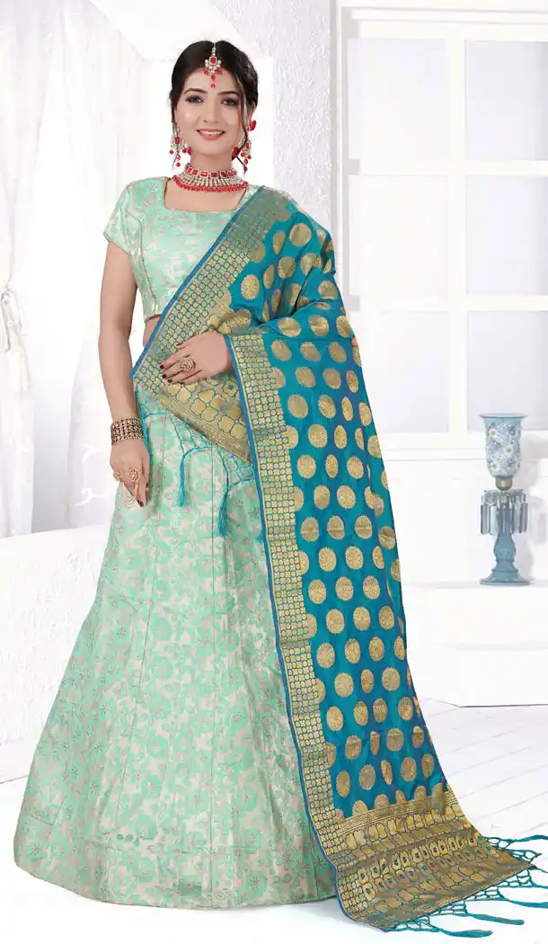 Aqua Green Color Satin Silk Weaving Traditional Wear Lehenga Choli - 516463216