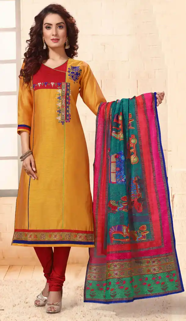 Yellow Color Chanderi Silk Readymade Party Wear Churidar Kameez - 512662899