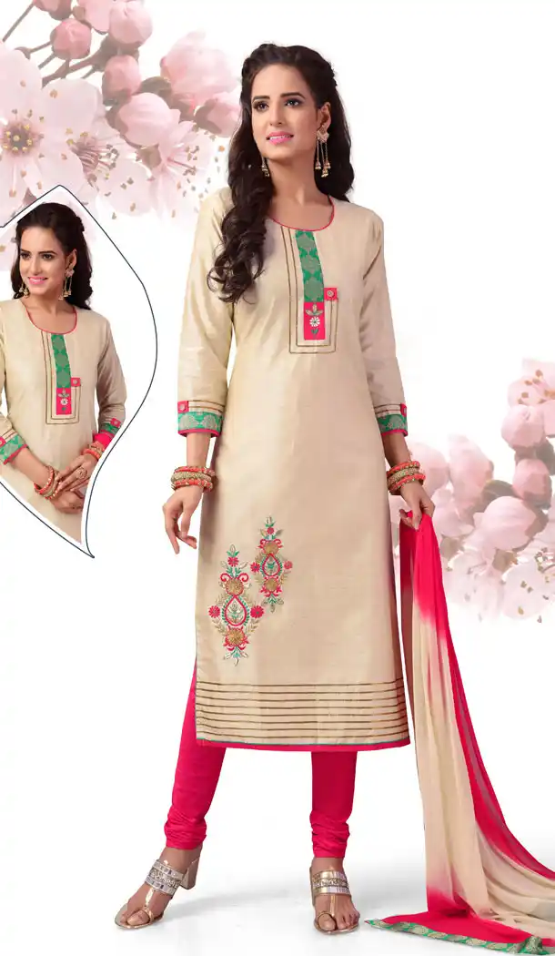 Chic Cream Color Chanderi Silk Readymade Party Wear Churidar Kameez - 512662900