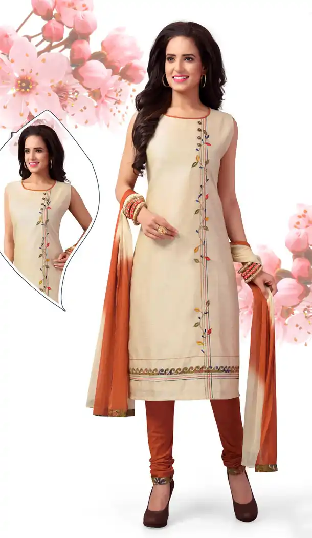 Pretty Cream Color Chanderi Silk Readymade Party Wear Churidar Kameez - 512662901