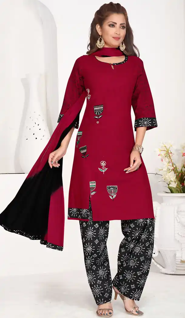 Splendorous Red Color Cotton Readymade Party Wear Salwar Kameez - 512662902