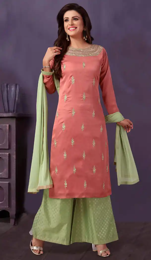 Peach Color Soft Silk Readymade Party Wear Palazzo Kameez - 512662904