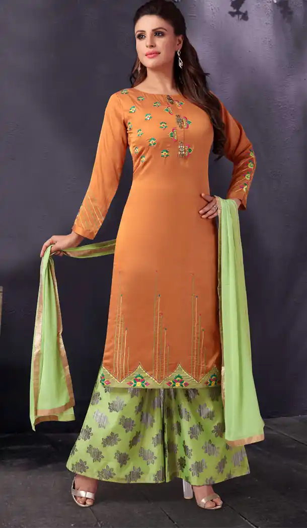 Orange Color Soft Silk Readymade Party Wear Palazzo Kameez - 512662905