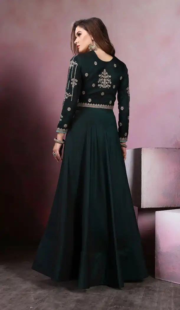 Dark Green Taffeta Silk Party Wear Readymade Girls Gown - 518263333