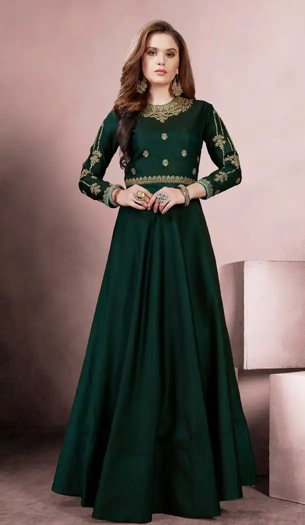 Dark Green Taffeta Silk Party Wear Readymade Girls Gown - 518263333