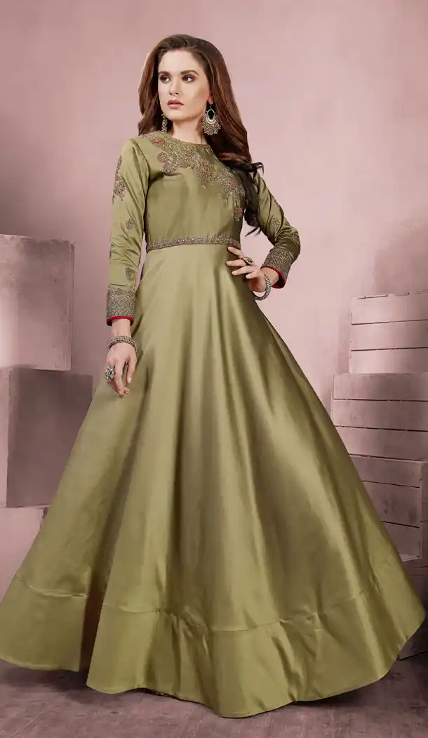Olive Green Taffeta Silk Party Wear Readymade Girls Gown - 518263334