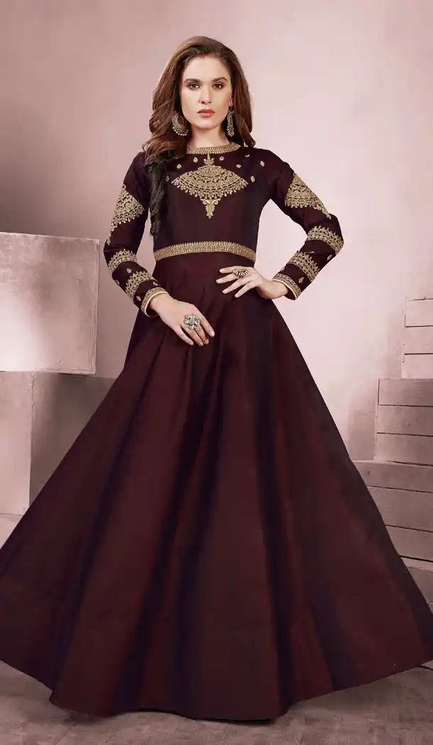 Maroon Taffeta Silk Party Wear Readymade Girls Gown - 518263335