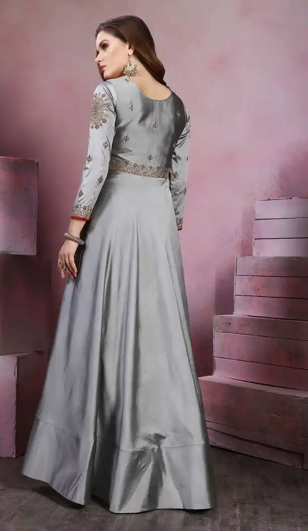 Grey Color Taffeta Silk Party Wear Readymade Girls Gown - 518263336
