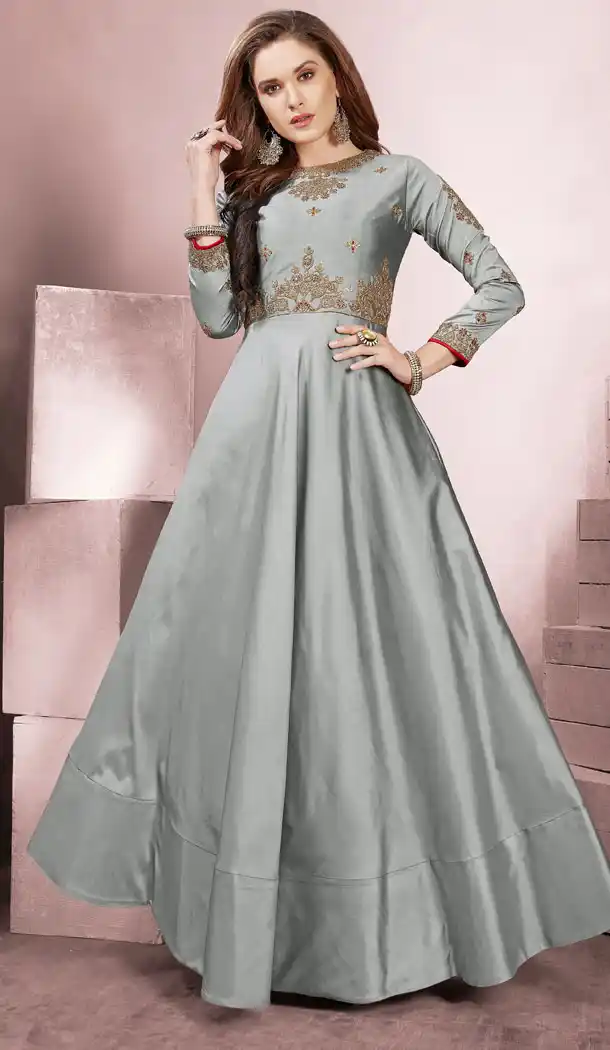 Grey Color Taffeta Silk Party Wear Readymade Girls Gown - 518263336