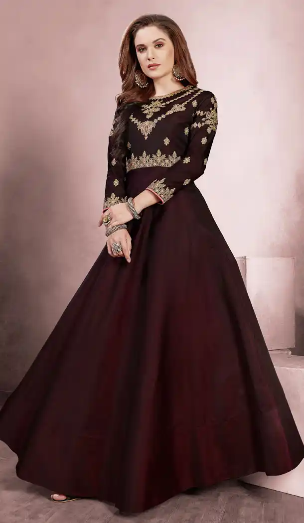Maroon Color Taffeta Silk Party Wear Readymade Girls Gown - 518263337