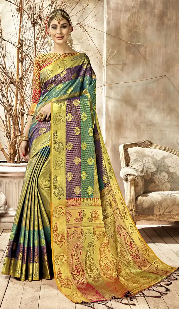 Two Tone Multi Color Kanjivaram Silk Casual Wear Saree Blouse - 518363340