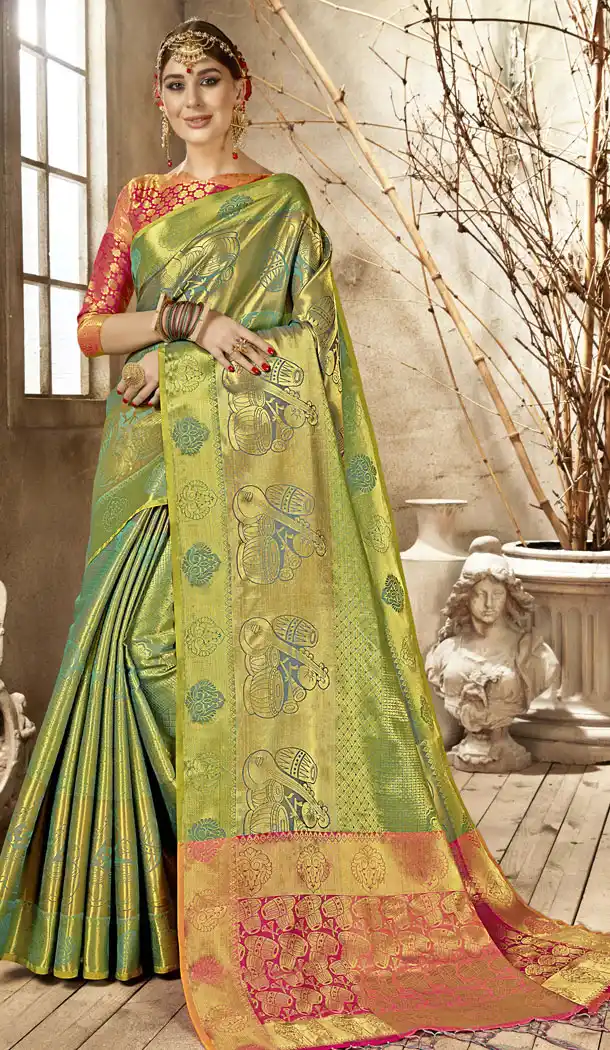 Two Tone Green Color Kanjivaram Silk Casual Wear Saree Blouse - 518363341