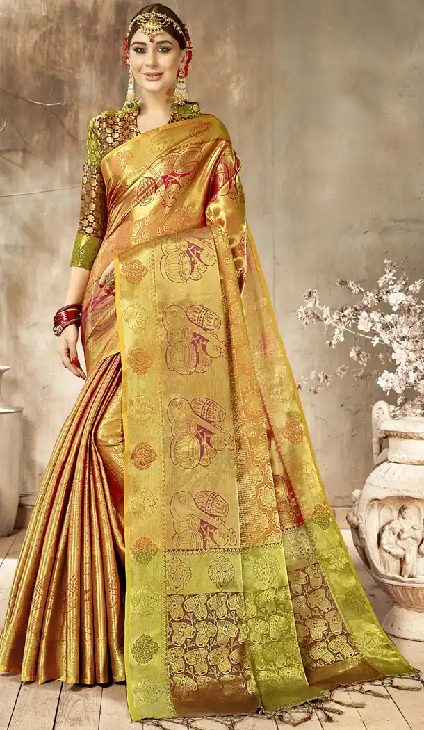 Two Tone Orange Color Kanjivaram Silk Casual Wear Saree Blouse - 518363342