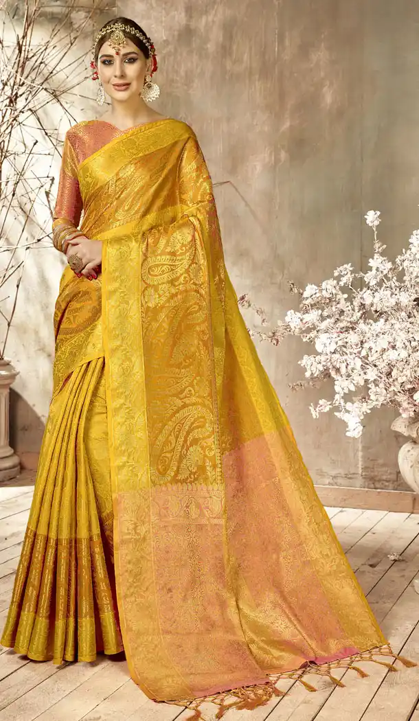 Two Tone Yellow Color Kanjivaram Silk Casual Wear Saree Blouse - 518363343