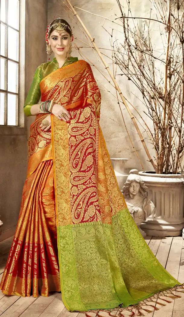 Two Tone Red Color Kanjivaram Silk Casual Wear Saree Blouse - 518363344