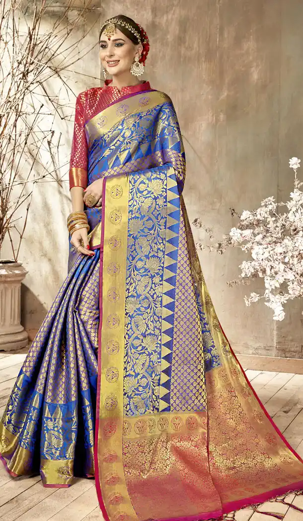 Two Tone Blue Color Kanjivaram Silk Casual Wear Saree Blouse - 518363345