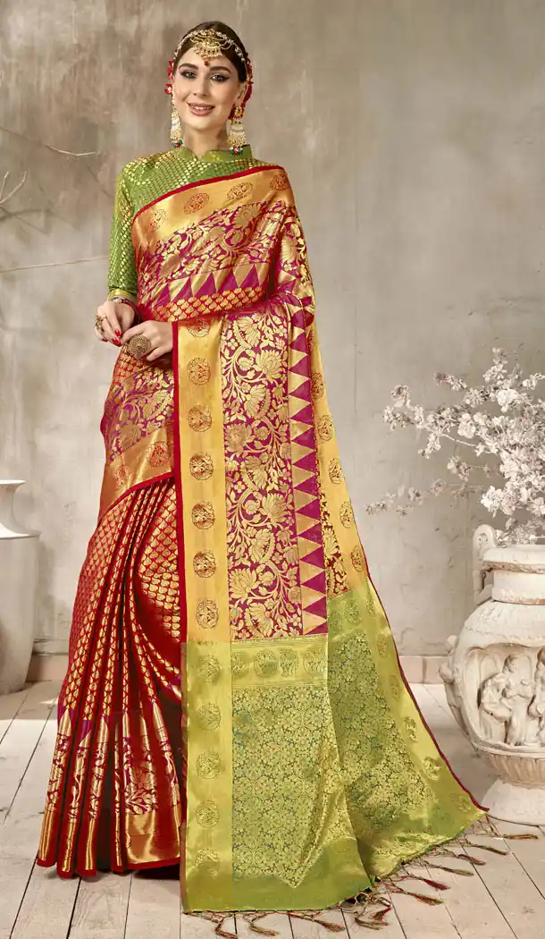 Two Tone Red Color Kanjivaram Silk Casual Wear Saree Blouse - 518363346