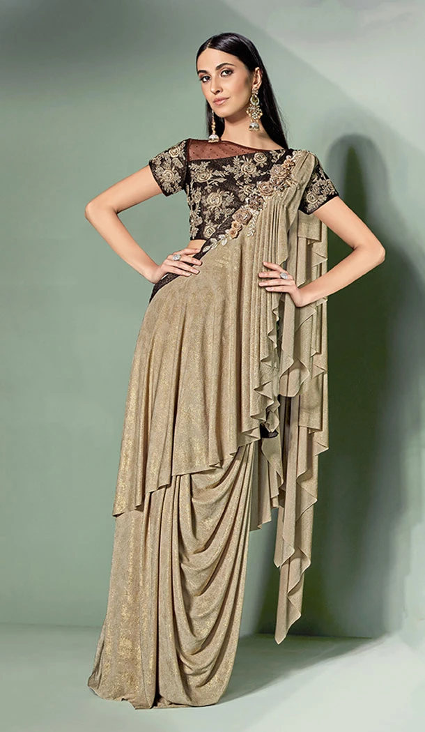 Cream Color Lycra Fancy Designer Wear Lehenga Style Saree - 64814985