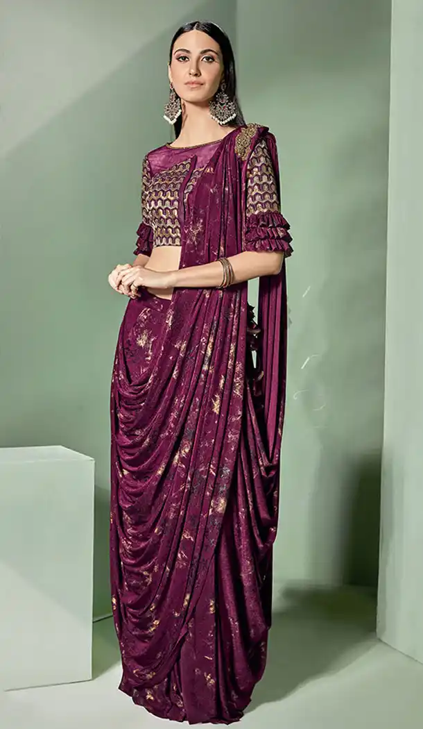 Ethnic Dark Wine Color Lycra Fancy Designer Wear Lehenga Style Saree - 64814987