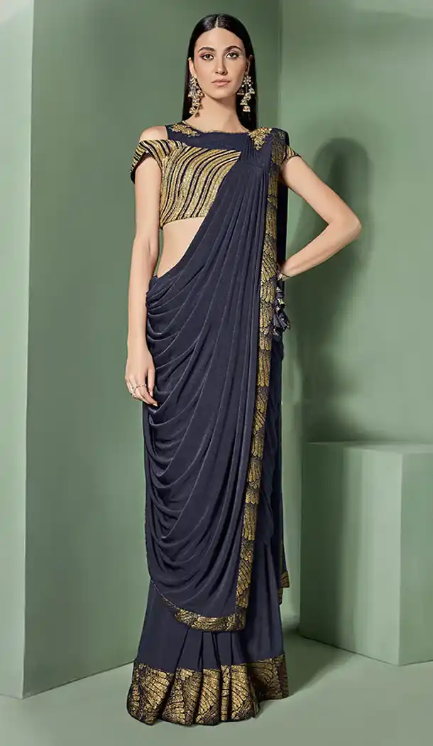 Adorable Navy Blue Color Lycra Fancy Designer Wear Lehenga Style Saree - 64814989