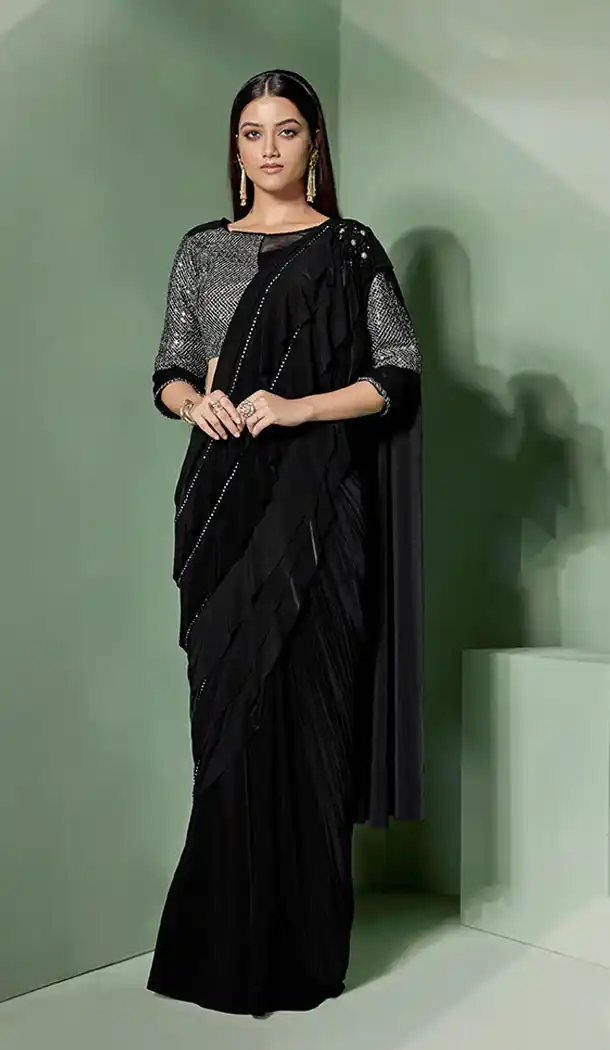 Flamboyant Black Color Lycra Fancy Designer Wear Lehenga Style Saree - 64814990