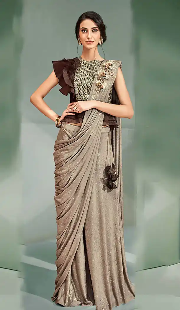 Magnificient Beige Color Lycra Fancy Designer Wear Lehenga Style Saree - 64814992