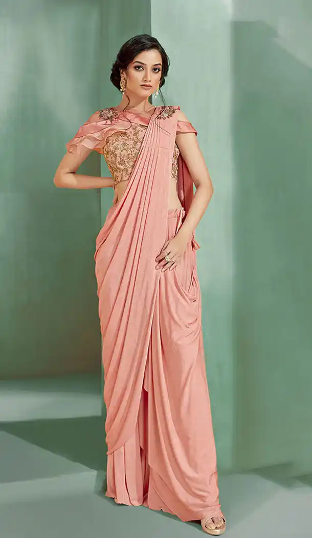 Dark Peach Color Lycra Fancy Designer Wear Lehenga Style Saree - 64814996
