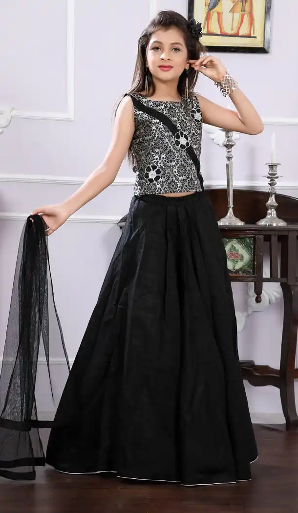 Black And Grey Brocade Designer Readymade Kids Gilr Lehenga Choli - 488960102