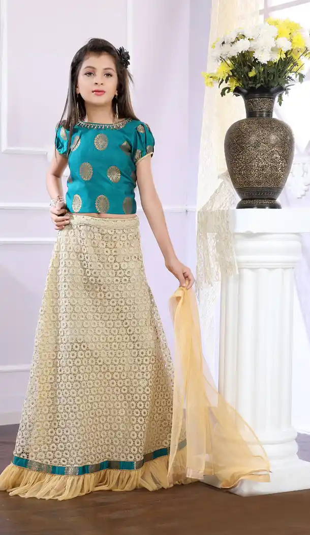 Rama Green Brocade Designer Readymade Kids Gilr Lehenga Choli - 488960103