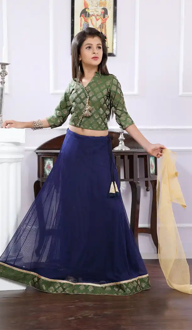 Green Brocade Designer Readymade Kids Girl Lehenga Choli - 488960105