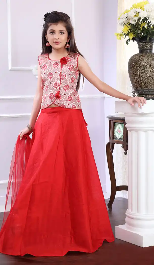 Red And Off White Brocade Designer Readymade Kids Girl Lehenga Choli - 488960107