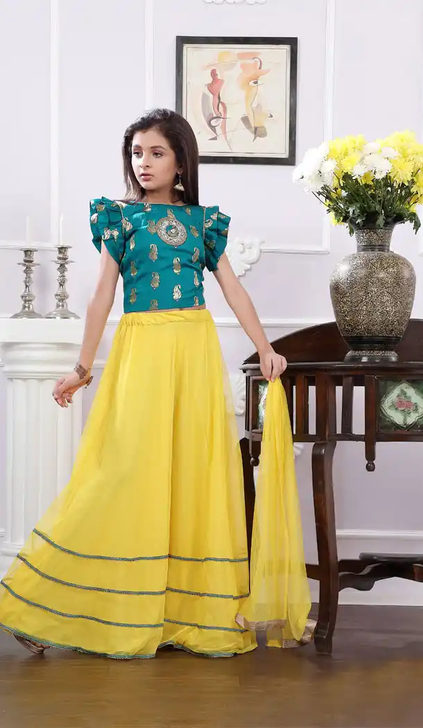 Rama Green Brocade Designer Readymade Kids Girl Lehenga Choli - 488960109
