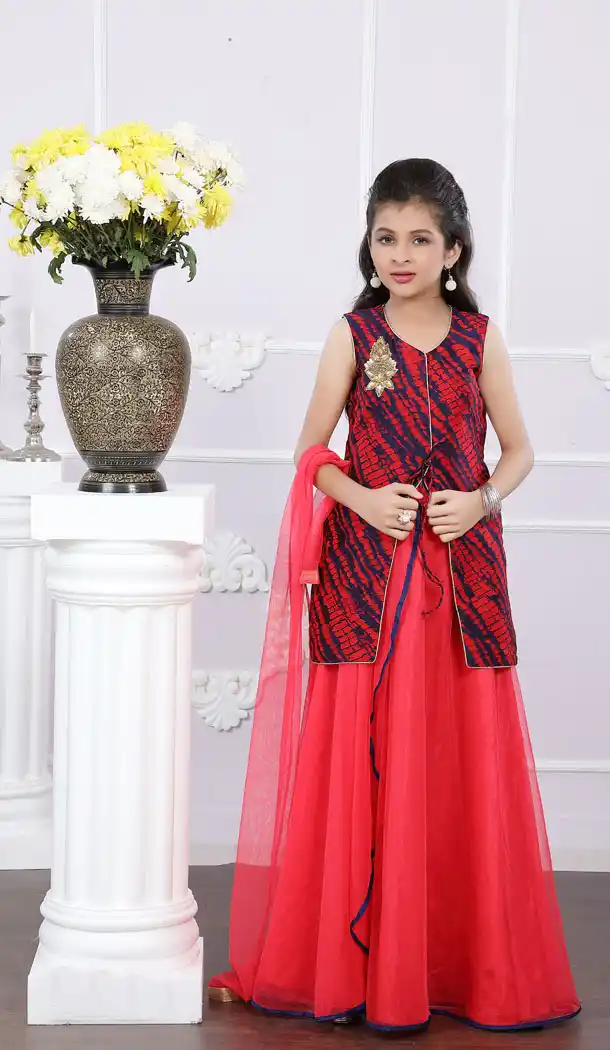 Blue And Red Art Silk Designer Readymade Kids Girl Lehenga Choli - 488960111