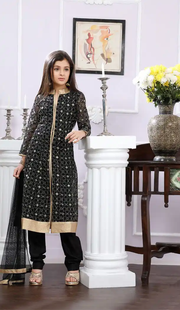 Black Color Net Designer Readymade Kids Girl Anarkali Salwar Kameez - 488960114
