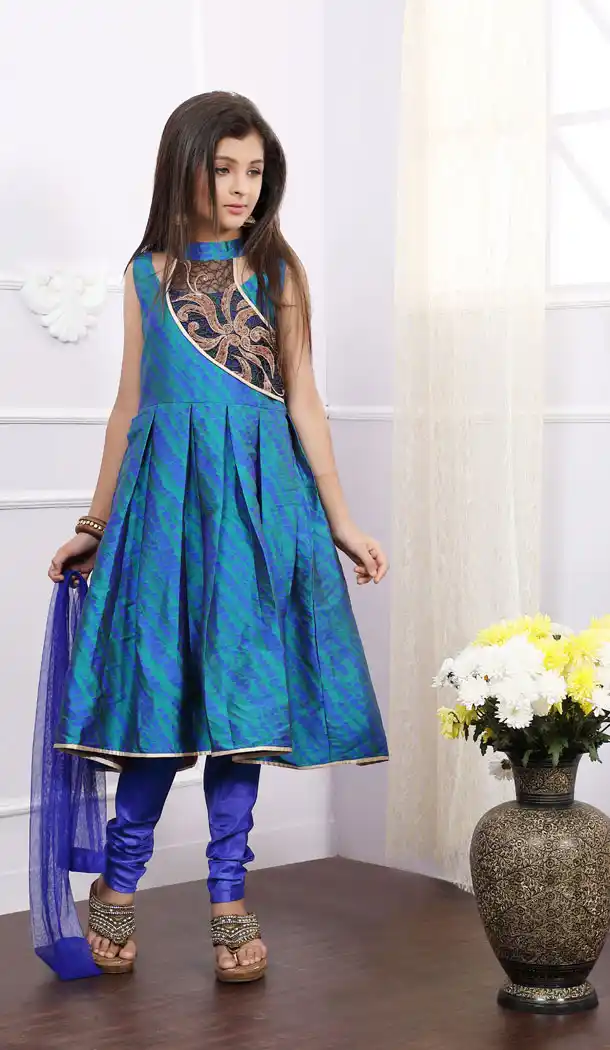 Blue Color Art Silk Designer Readymade Kids Girl Anarkali Salwar Kameez - 488960115