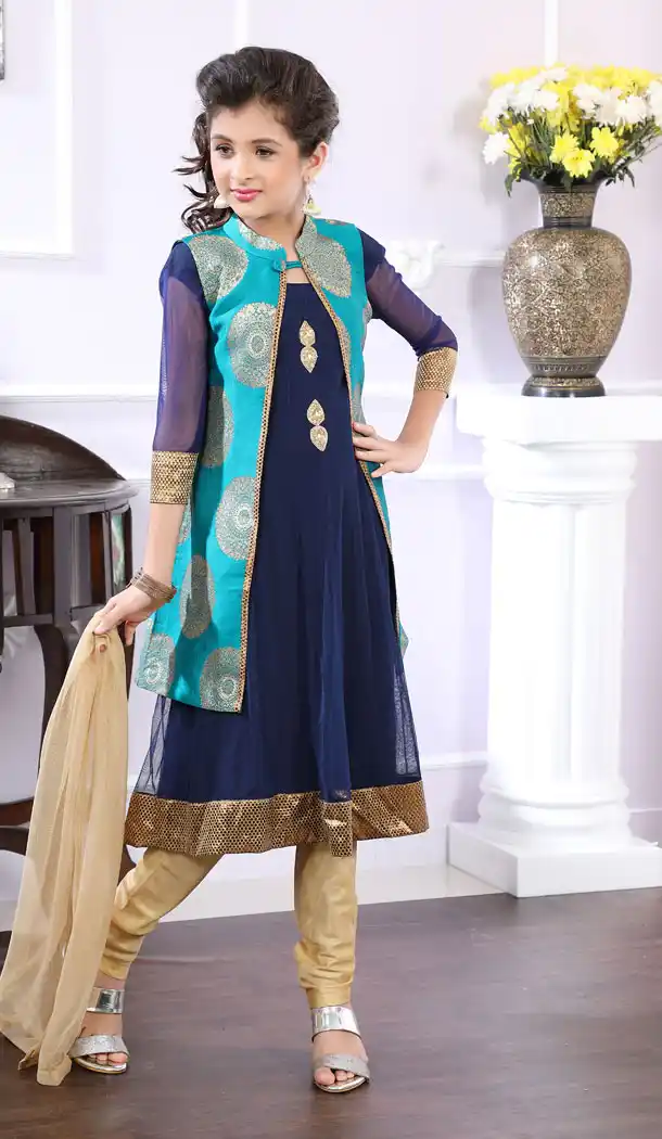 Blue And Green Color Net Brocade Designer Readymade Kids Girl Anarkali Salwar Kameez - 488960116