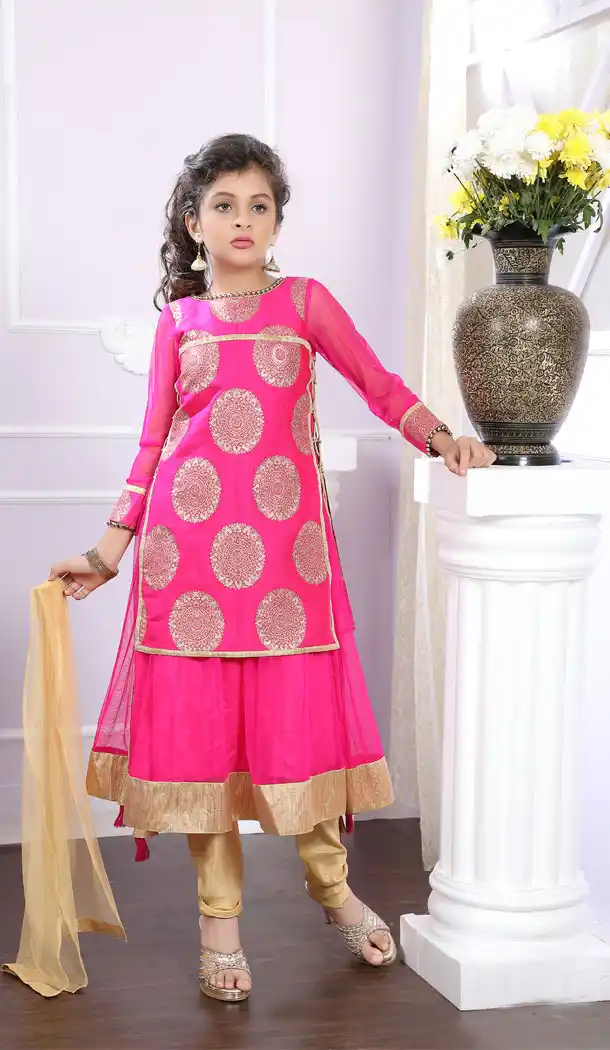 Dark Pink Color Net Brocade Designer Readymade Kids Girl Anarkali Salwar Kameez - 488960117