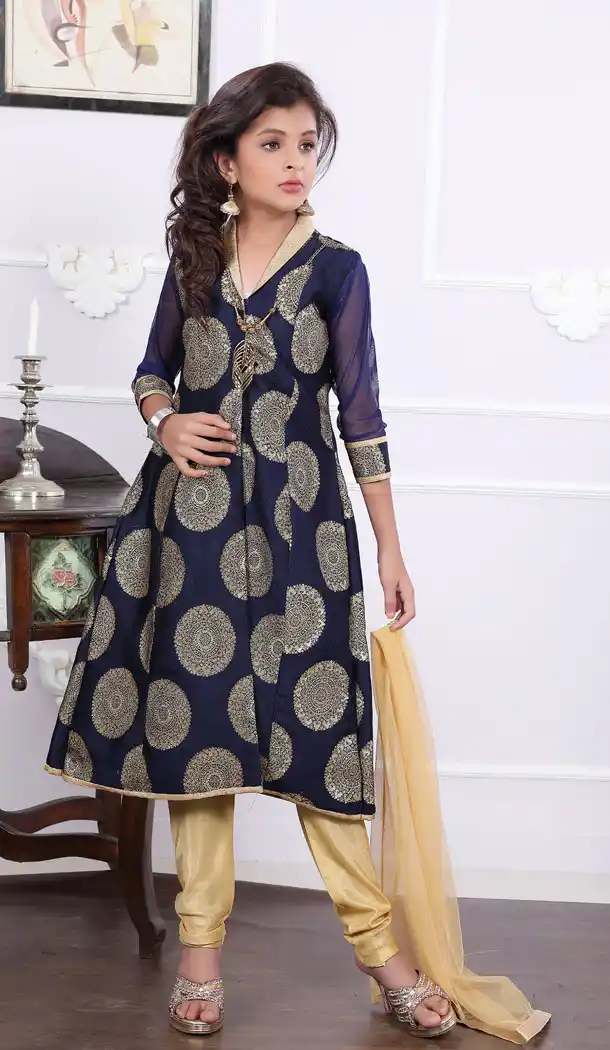 Blue Color Brocade Designer Readymade Kids Girl Anarkali Salwar Kameez - 488960118