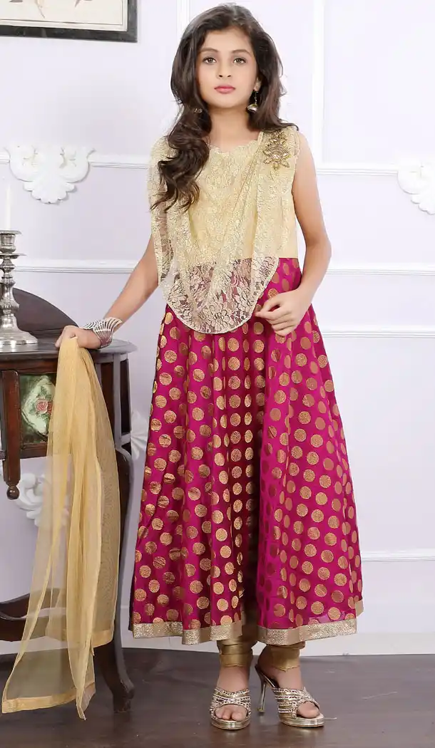 Golden And Magenta Color Brocade Designer Readymade Kids Girl Anarkali Salwar Kameez - 488960119