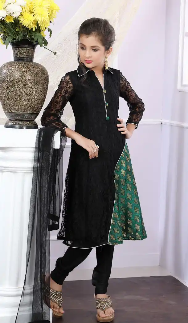 Black And Green Color Brocade Designer Readymade Kids Girl Anarkali Salwar Kameez - 488960121