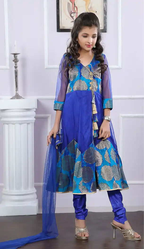 Blue Color Brocade Designer Readymade Kids Girl Anarkali Salwar Kameez - 488960123