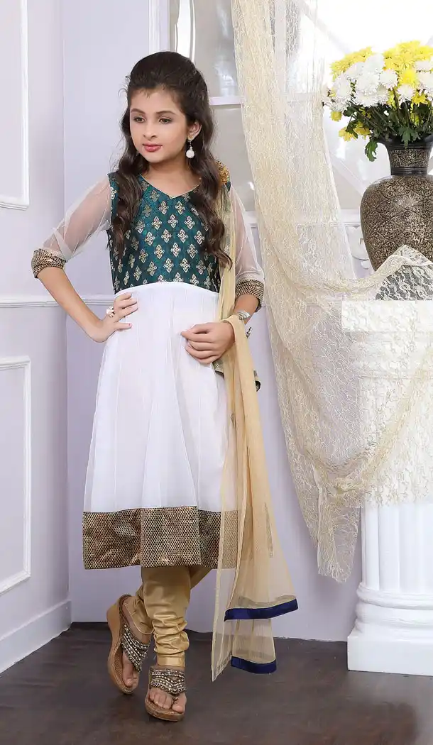 Off White And Green Color Brocade Designer Readymade Kids Girl Anarkali Salwar Kameez - 488960124