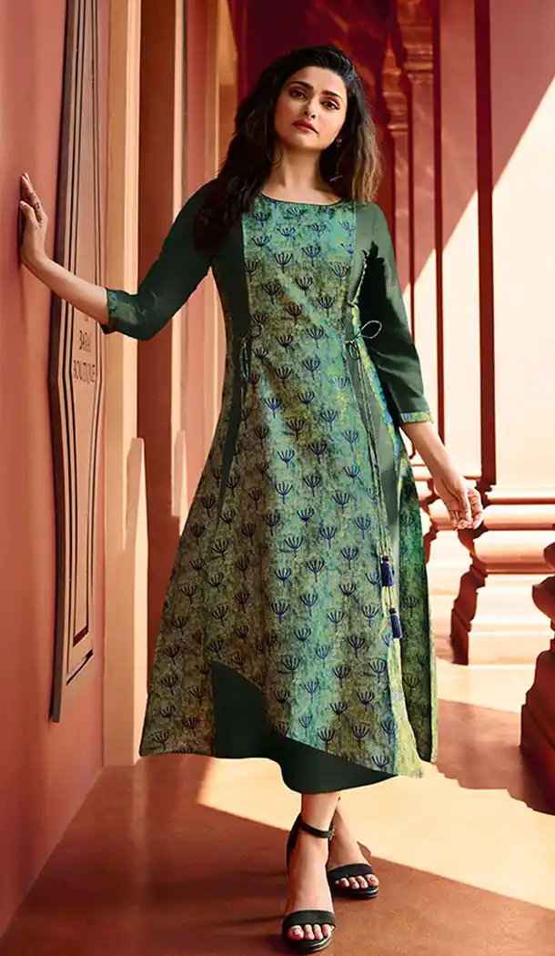 Dark Green Color Art Silk And Satin Celebrity Prachi Desai Readymad Kurti - 64875059